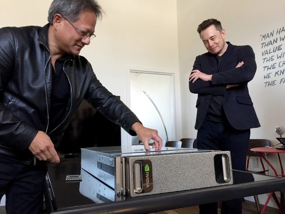 Nvidia CEO Jen-Hsun Huang installs the DGX-1 at OpenAI headquarters in San Francisco while OpenAI benefactor Elon Musk looks on. (Source: Nvidia)
