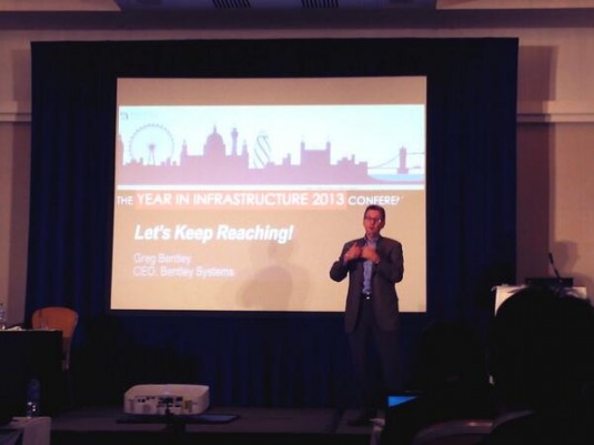 Bentley Systems CEO Greg Bentley shares for nearly 90 minutes in a wide-ranging overview of new technologies and services at the opening day of Bentley’s Year in Infrastructure event in London. (Source: Gaurav Sharma)